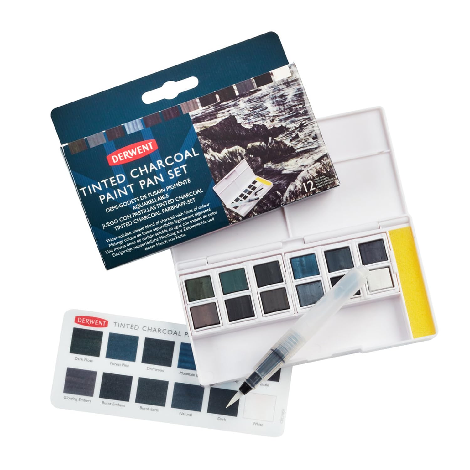 Derwent Tinted Charcoal Paint Pan Set, 12 Paints, Professional Quality, Water Soluble, Blendable, Portable, Includes Palettes, Mini Waterbrush & Cleaning Sponge (2305872) - Image 4