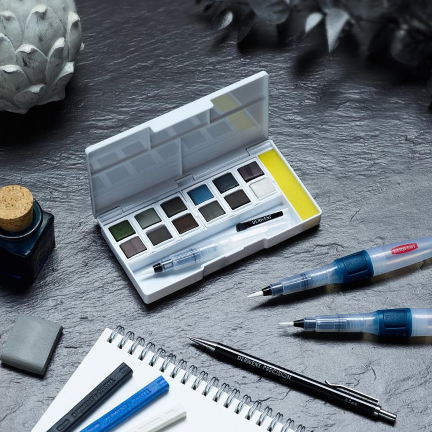 Derwent Tinted Charcoal Paint Pan Set, 12 Paints, Professional Quality, Water Soluble, Blendable, Portable, Includes Palettes, Mini Waterbrush & Cleaning Sponge (2305872) - Image 6