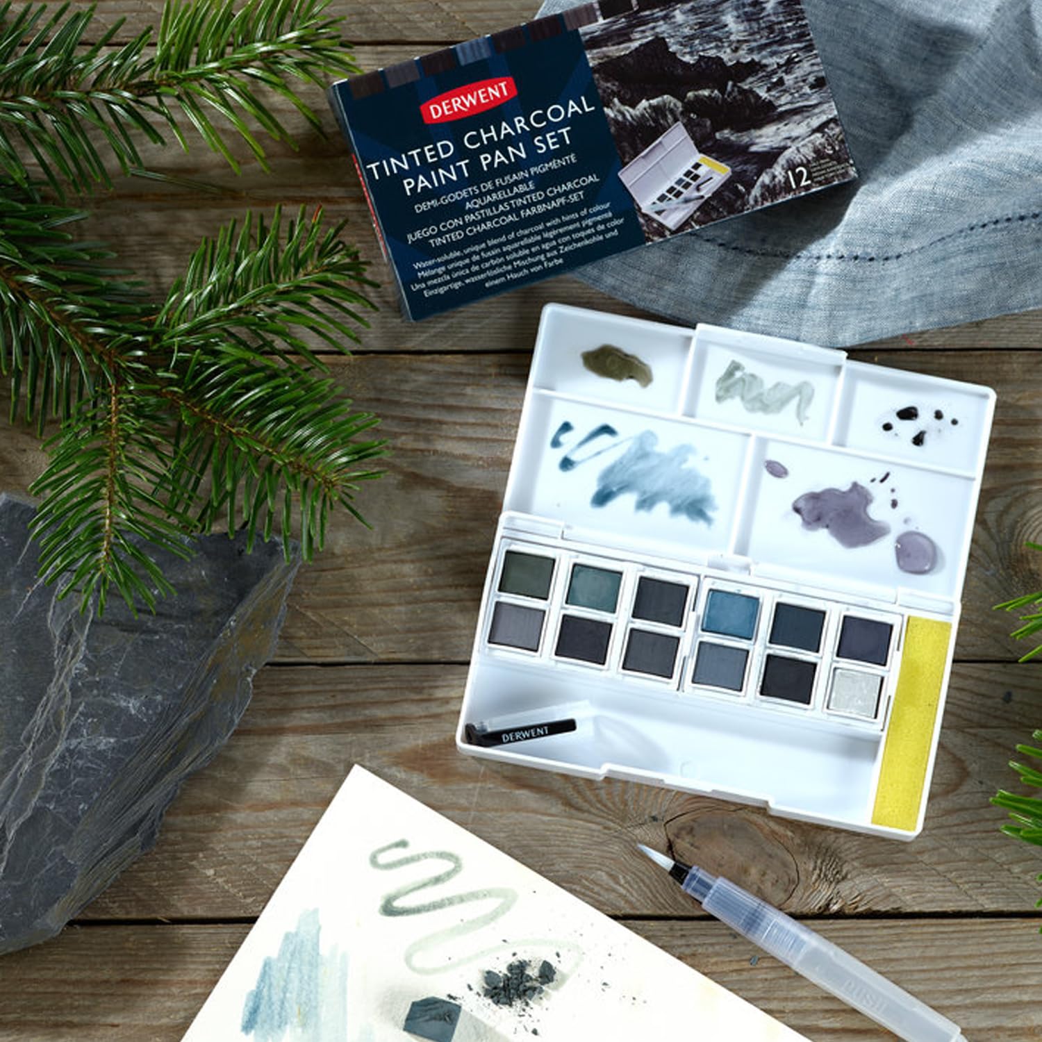 Derwent Tinted Charcoal Paint Pan Set, 12 Paints, Professional Quality, Water Soluble, Blendable, Portable, Includes Palettes, Mini Waterbrush & Cleaning Sponge (2305872) - Image 8
